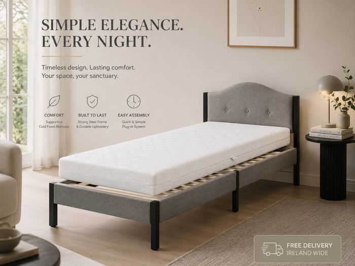 Single Bed with Mattress  Grey Upholstered