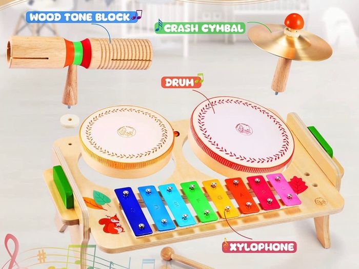 Kids Drum Set, Baby Musical Instruments Toys for Toddlers, 7 in 1 Wooden Xylophone Toddler Drum Set Percussion Instruments Musical Toys Birthday Gifts for Children Boys and Girls