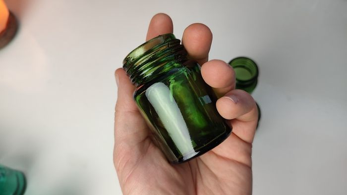 233 - Set of 3 1950s Vintage Green Glass Bottom Embossed Letters Science Medicine Pills Chemicals Collectible Decorative Jars