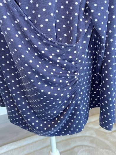 Navy Blue White Polka Dot Print V Neck Ruched Faux Wrap Top Blouse from So Fabulous