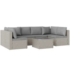 7 Pieces Rattan Garden Furniture Set, 6 Seater Garden Corner Sofa with Cushions and Glass Top Table, Sectional Outdoor Furniture Conservatory Set for Patio, Grey