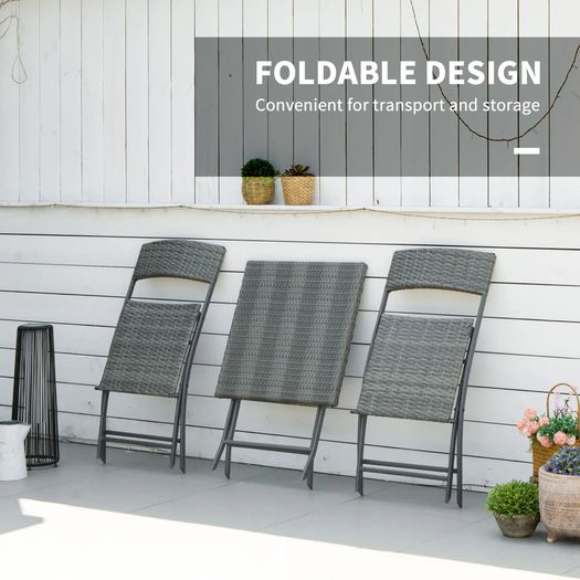 2-Seater Chair Bistro Set Garden Patio Table & Chair Black Rattan Furniture Grey
