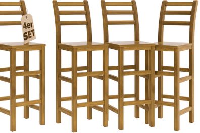 Set of 4 Bar Stools with Backrest Solid Acacia Wood Optimal Seat Height 75 cm Footrest Kitchen Garden Bar Stool Bar Stool