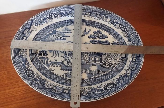 Beautiful Antique Blue and White Transferware Willow Pattern Large Oval Platter, Unknown Maker, Probably Staffordshire-Made