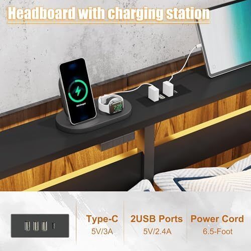 Double Metal Bed Frame with USB Charging Station, LED Lights & Storage Headboard Heavy Duty Black Platform Bed with 31.5 cm Underbed Storage, No Box Spring Needed, Noise Free (Black, Double)
