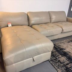 Light Grey Real Leather Corner Sofa with Storage