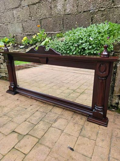 Large antique mahogany overmantle mirror
