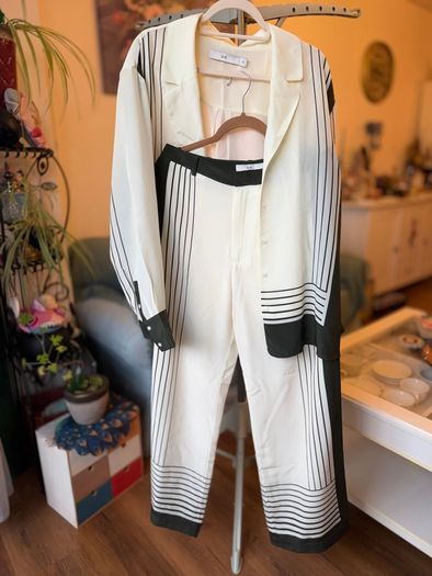 SIR. Garden Stripe 100% Silk Shirt & Trousers Set UK 10/12