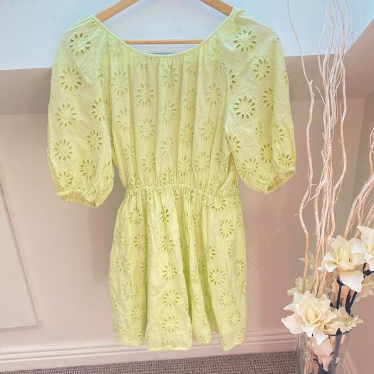 Zara Lime Green Openwork Embroidered Eyelet Wrap Mini Dress Puff Sleeve