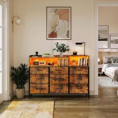 Chest of Drawers Bedroom, Dresser Cabinet with 2 Sockets, 2 USB Ports and 10 Colored LED Strips