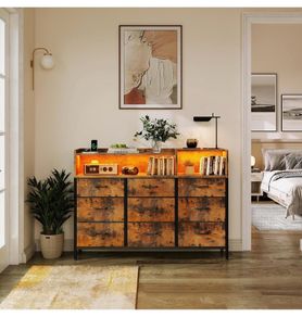 Chest of Drawers Bedroom, Dresser Cabinet with 2 Sockets, 2 USB Ports and 10 Colored LED Strips
