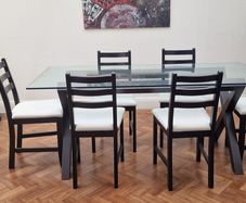 Glass and black wooden frame dining table with black & white chairs x6 or x8