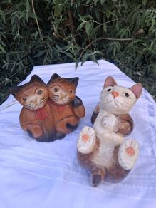 3 X Art Deco Handpainted Hardwood Cats
