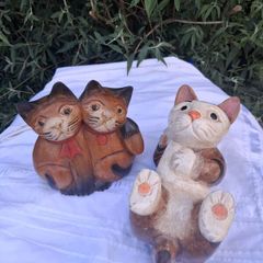 3 X Art Deco Handpainted Hardwood Cats