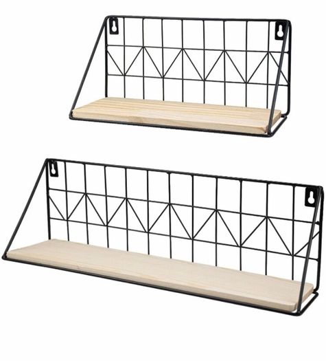 2 Wall Mounted Floating Shelves Set Wood Wall Mounted Shelf Metal Frame Storage Shelves Display Racks Home Decor Rustic for Bedroom, Bathroom, Living Room, Kitchen, Office