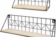 2 Wall Mounted Floating Shelves Set Wood Wall Mounted Shelf Metal Frame Storage Shelves Display Racks Home Decor Rustic for Bedroom, Bathroom, Living Room, Kitchen, Office