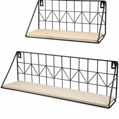 2 Wall Mounted Floating Shelves Set Wood Wall Mounted Shelf Metal Frame Storage Shelves Display Racks Home Decor Rustic for Bedroom, Bathroom, Living Room, Kitchen, Office