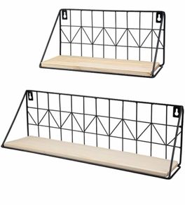 2 Wall Mounted Floating Shelves Set Wood Wall Mounted Shelf Metal Frame Storage Shelves Display Racks Home Decor Rustic for Bedroom, Bathroom, Living Room, Kitchen, Office