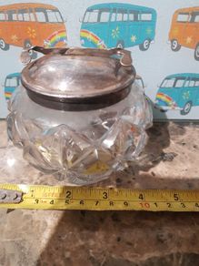 vintage glass sugar bowl with integrated thongs