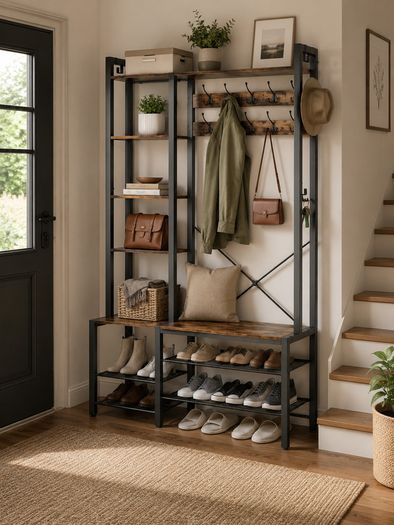 Industrial Hallway Coat Rack with Bench, Shoe Storage Shelves & Hooks