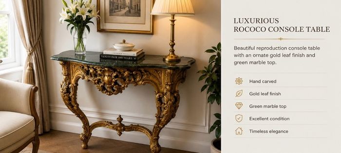 Louis XV Rococo style giltwood console table with green marble top