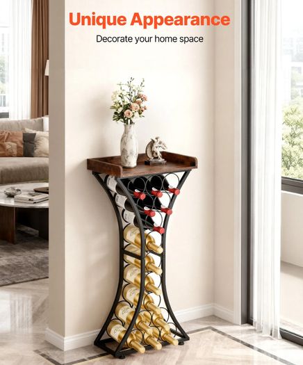 15 Bottle Wine Rack,Iron Freestanding Floor Wine Holder, Mini Bar Stand Liquor Cabinet with Wood Tabletop, For Home Bar,Kitchen,Living Room,Dining Room