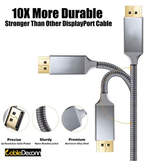 CableDeconn 5M Premium DisplayPort 1.4 UHD/3D 8K (7680x4320@60Hz) 32.4Gbps (Aluminum Alloy/Nylon Braided/Gold Plated) Cable (Brand New/Warranty)