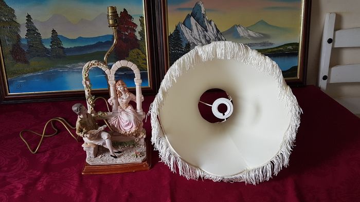 Capodimonte Italian Figurine Signed Large Table Lamp With Silky White Shade 27 Inches Tall