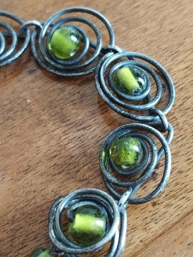 Vintage Twisted Bracelet with Green Glass Beads Inserts.