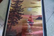 Vintage E Stephens Gold Foil Etched Signed Matted Sailboat Sunset Lake Tree Framed print.