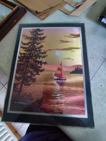 Vintage E Stephens Gold Foil Etched Signed Matted Sailboat Sunset Lake Tree Framed print.