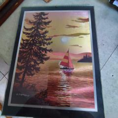 Vintage E Stephens Gold Foil Etched Signed Matted Sailboat Sunset Lake Tree Framed print.