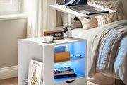 Bedside Table with LED Lights, Nightstand with Height Adjustable, Side Table with Drawer &amp; Open Shelf, Bedside Cabinet Movable with Magazine Rack, for Bedroom, Living room, Office, White