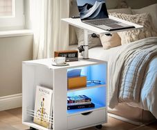 Bedside Table with LED Lights, Nightstand with Height Adjustable, Side Table with Drawer & Open Shelf, Bedside Cabinet Movable with Magazine Rack, for Bedroom, Living room, Office, White