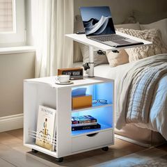 Bedside Table with LED Lights, Nightstand with Height Adjustable, Side Table with Drawer & Open Shelf, Bedside Cabinet Movable with Magazine Rack, for Bedroom, Living room, Office, White