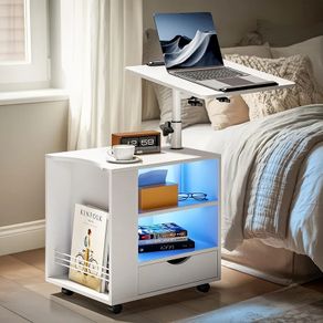 Bedside Table with LED Lights, Nightstand with Height Adjustable, Side Table with Drawer & Open Shelf, Bedside Cabinet Movable with Magazine Rack, for Bedroom, Living room, Office, White