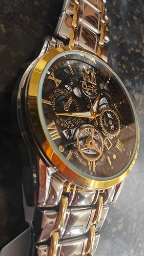 Luxury Two Tone Gold & Silver Watch Mens Skeleton Dial