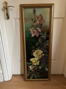 Antique Reverse and Surface Painted Glass Still Life of Roses