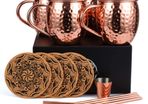 Copper Mug, Hammered and Handmade, with 4 Glasses, 4 Coasters, 4 Straws, 1 Measuring Cup for Beer, Gin, Vodka, Cocktails