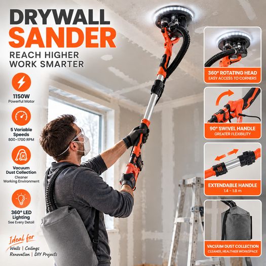 1150W Electric Drywall Sander with Dust Collection, LED Light & Extendable Handle