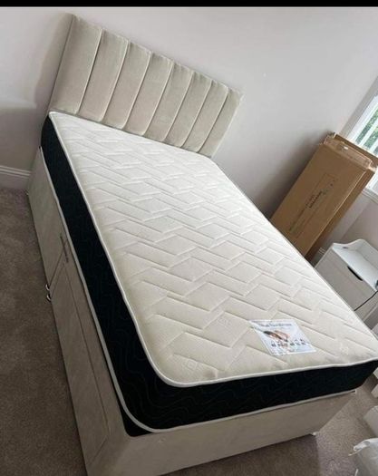 Brand New Stylish single Divan Beds.. Multiple Options Of Headboards. Tufted Memory Foam Mattresses Available. Drawers Storage Available