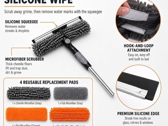 4.5M Window Cleaning Equipment, Window Squeegee Cleaner Kit with Extendable Pole, 2 in 1 Telescopic Long Cleaning Pole with Squeegee, 5 Microfiber Scrubber Pad for Home, Shower Glass, Car