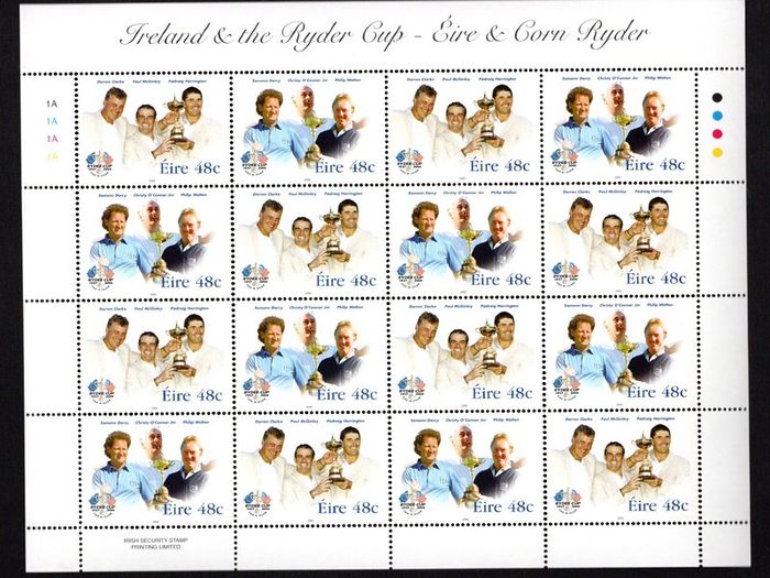 2005 Ireland Ryder Cup Commemorative Stamp Sheetlet Plate 1A1A1A1A Mint Never Hinged (MNH)