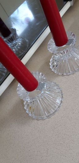 Tipperary Crystal Candlesticks with Tall red Candles