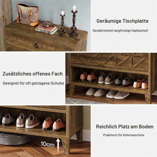 Vintage Brown Shoe Cabinet with 2 Folding Drawers, Freestanding Shoe Storage Organiser for Hallway, Entryway & Home