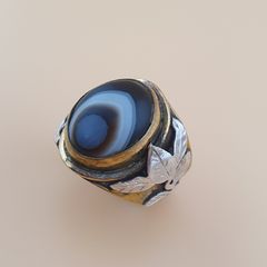 Vintage Beautiful Suliemani Eye Agate Brass & Silver Inlay Flower Desgin Adjustable Ring