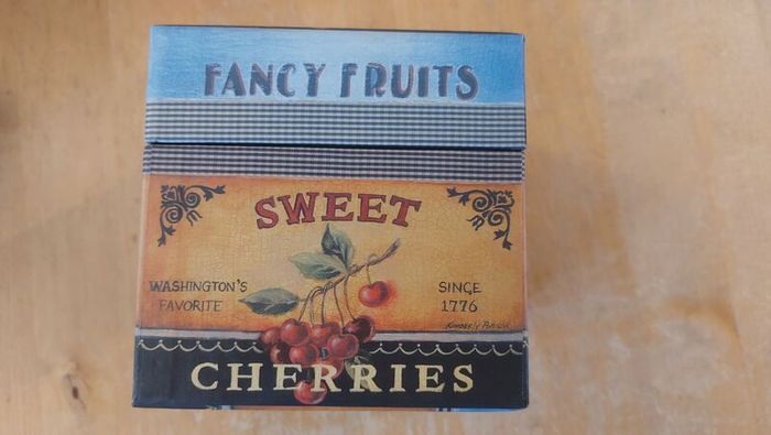 Fabulous Set of Four Graduated Stackable Nesting Storage Boxes by Quality Manufacturer Bob's Boxes/Lang Paper Co. with "Fancy Fruits" Artwork by Kimberly Poloson