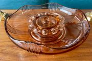 Vintage Art Deco Pink Depression Glass Float Flower Bowl Centrepiece with Frog