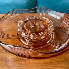 Vintage Art Deco Pink Depression Glass Float Flower Bowl Centrepiece with Frog