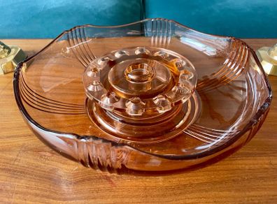 Vintage Art Deco Pink Depression Glass Float Flower Bowl Centrepiece with Frog